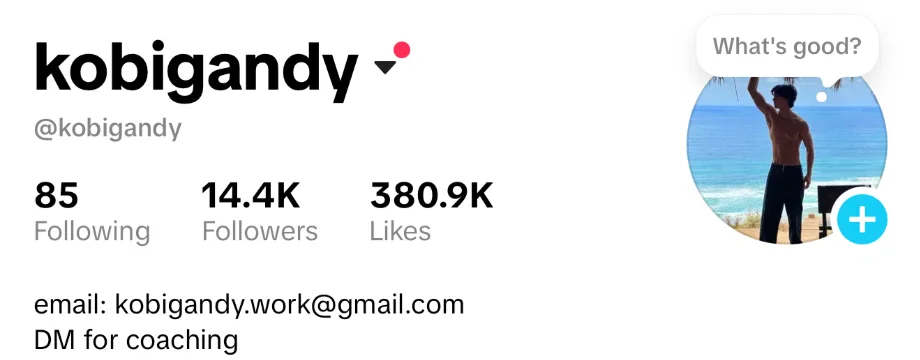 Screenshot of the @kobigandy TikTok profile showing 85 following, 14.4K followers and 380.9K likes